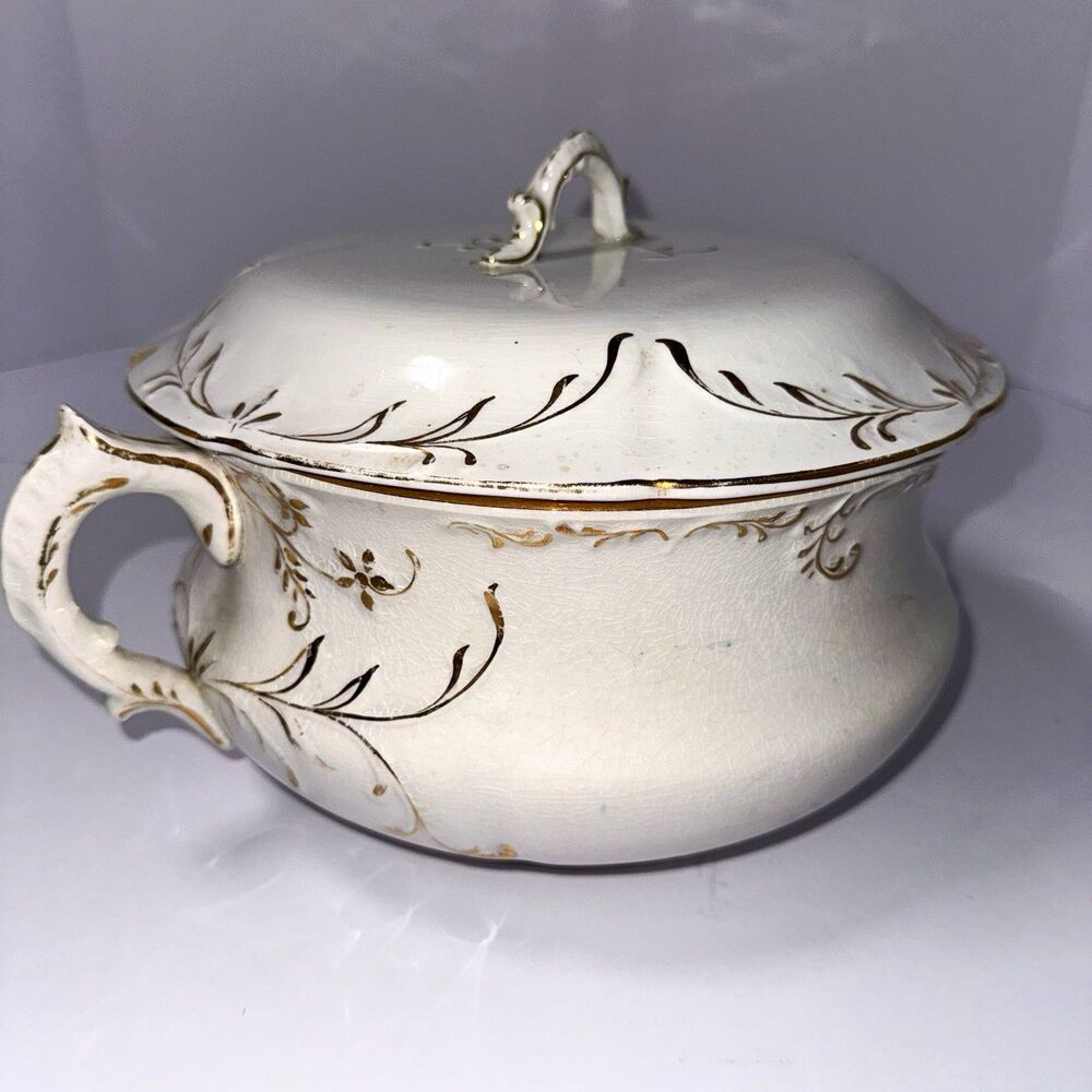 Antique White & Gold Floral Ceramic Lidded Serving Bowl, Round Decorative Gloss